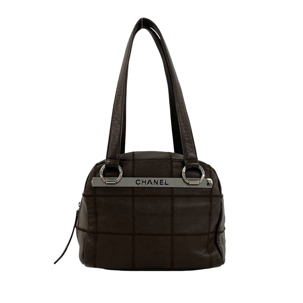 CHANEL Chocolate Bar Logo Caviar Skin Semi Shoulder Bag Handbag Brown 17952